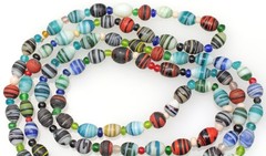 Vintage Hand Blown Glass Trade Bead Necklace Red Blue Green Striped 48″ Long