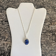 Vintage Hand Beaded Floral Cluster Pendant Necklace Blue & White Glass Seed Bead