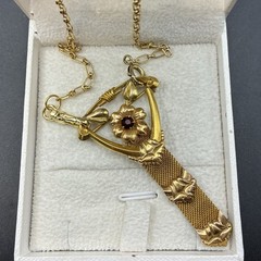 Vintage 12k Gold Filled Pocket Watch Chain Mesh Necklace FOB, Dog Clip, Red Gem