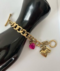 Vintage Y2K Juicy Couture Chunky Charm Bracelet Pink Crystal Heart Toggle 6.5”