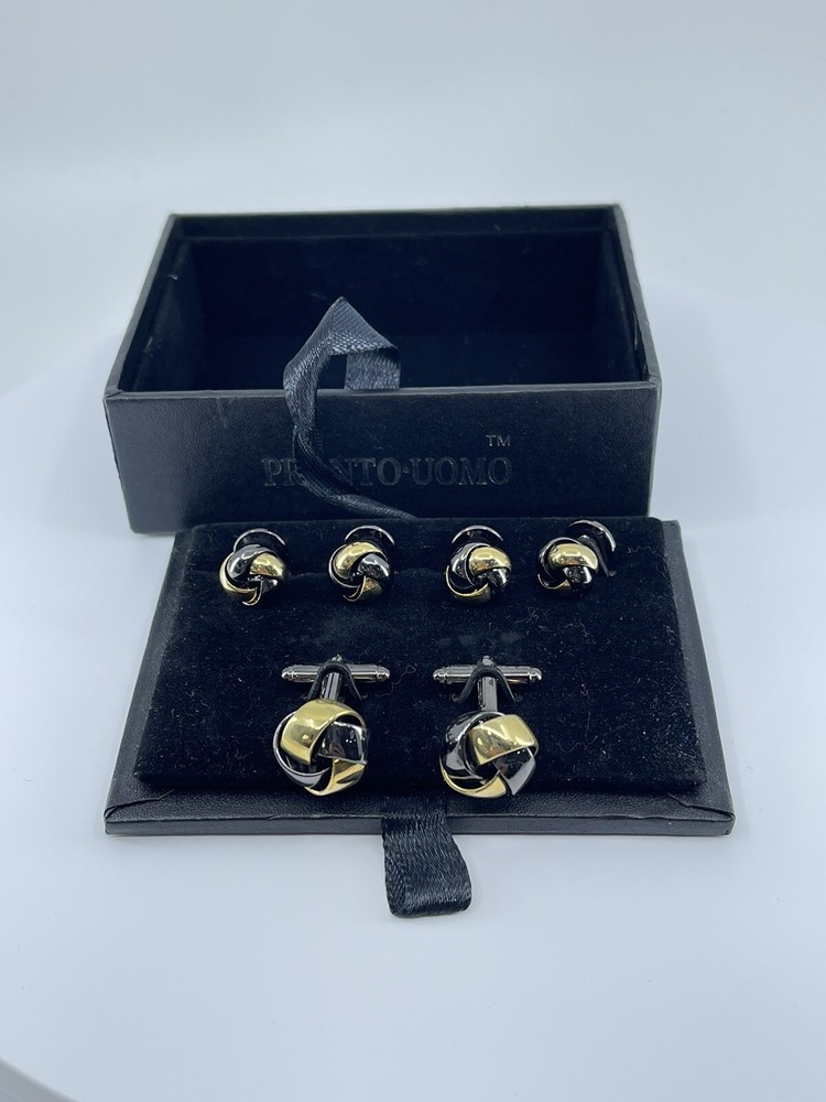 Pronto Uomo Knot Cufflinks and Shirt Stud set gold and gun metal gray IOB