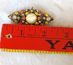 Vintage 50s Signed ART Brooch Enamel Flowers Rhinestones Central Cabochon Stone