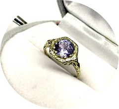 18k Ring – Bright Blue TANZANITE – Art Deco Yellow Gold Filigree Mtg…