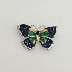 Vintage Blue Green Yellow Enamel Butterfly Silver Tone Rhinestone Brooch Pin