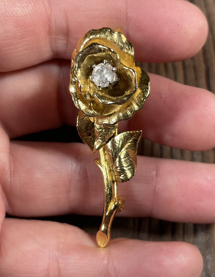 Vintage Gold Tone Rose Shaped Plated Brooch Pin Rhinestone Center Pronged 2”