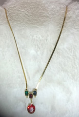 Vintage Gold Tone Red Green Blue Glass Pendant Necklace Rhinestone Accent 18”