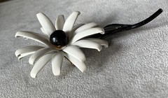 Vintage Enameled Metal Black/ White Flower Brooch 3.5 X 2 Inches