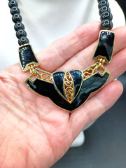 Vintage Egyptian Revival Bib Necklace Stud Earring Set Black Beaded Gold Tone