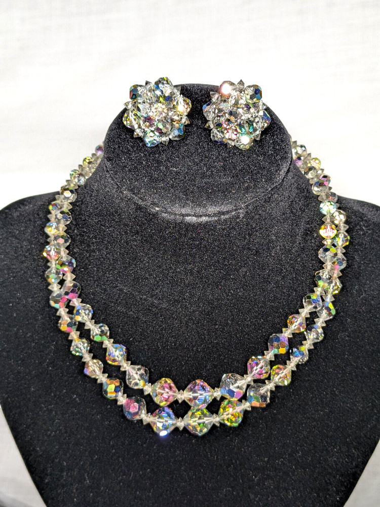 Vintage Disco Choker Matching Earrings Iridescent Faceted Beads Rhinestones Adjs