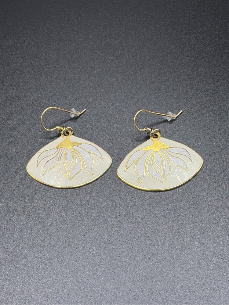 Vintage Laurel Burch Gold Tone Willow Branch Fan Cloisonné Dangle Earrings