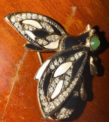 Vintage Kenneth J Lane Bee Brooch Black & White Enamel, Crystals, Green cabochon