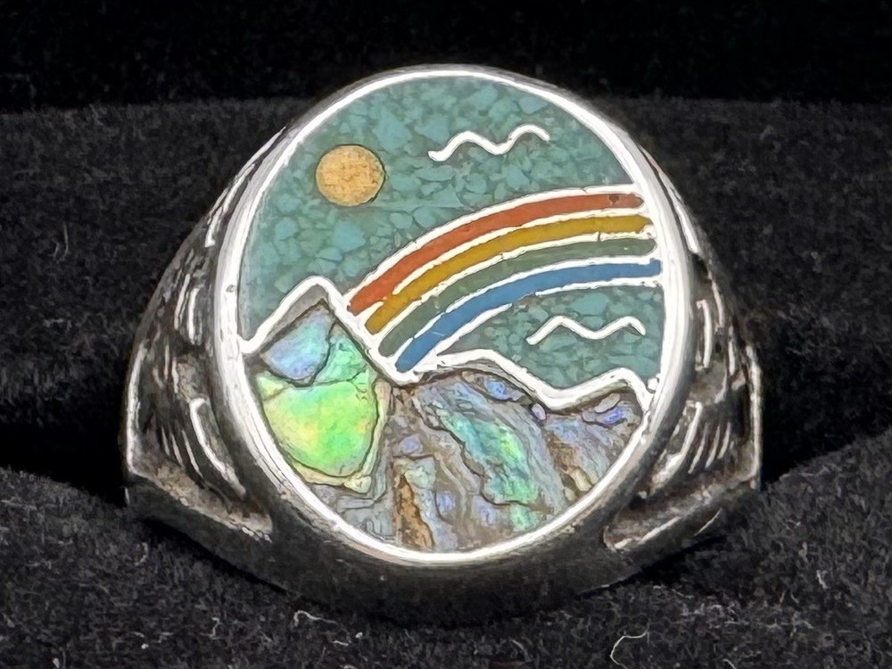 Vintage 925 Sterling Silver Abalone Turquoise Rainbow Inlay Ring Sz 9 9.3g