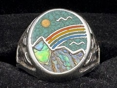 Vintage 925 Sterling Silver Abalone Turquoise Rainbow Inlay Ring Sz 9 9.3g
