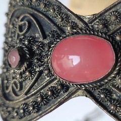Vintage Chinese Silver Plated Filigree Hair Pin Pink Rose Glass Cabochons