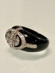 VINTAGE SOLID BLACK ONYX BAND W 925 SS ART DECO CZ DESIGN RING SZ 7