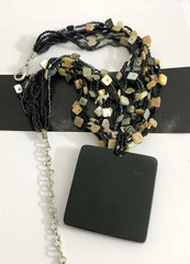 Vintage Multi Strand Necklace w/ Mother of Pearl Inlay Square Pendant