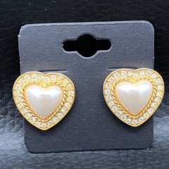 Vintage Rhinestone Heart Earrings Faux Pearl Gold Tone Posts 80s 90s Signed JS
