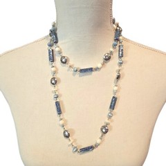 Necklace Vintage Beaded Floral Blue Bleached Acrylic 32″ Layering SKU2342