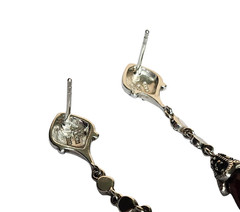 VINTAGE GARNET & MARCASITE STERLING SILVER LONG DROP EARRINGS
