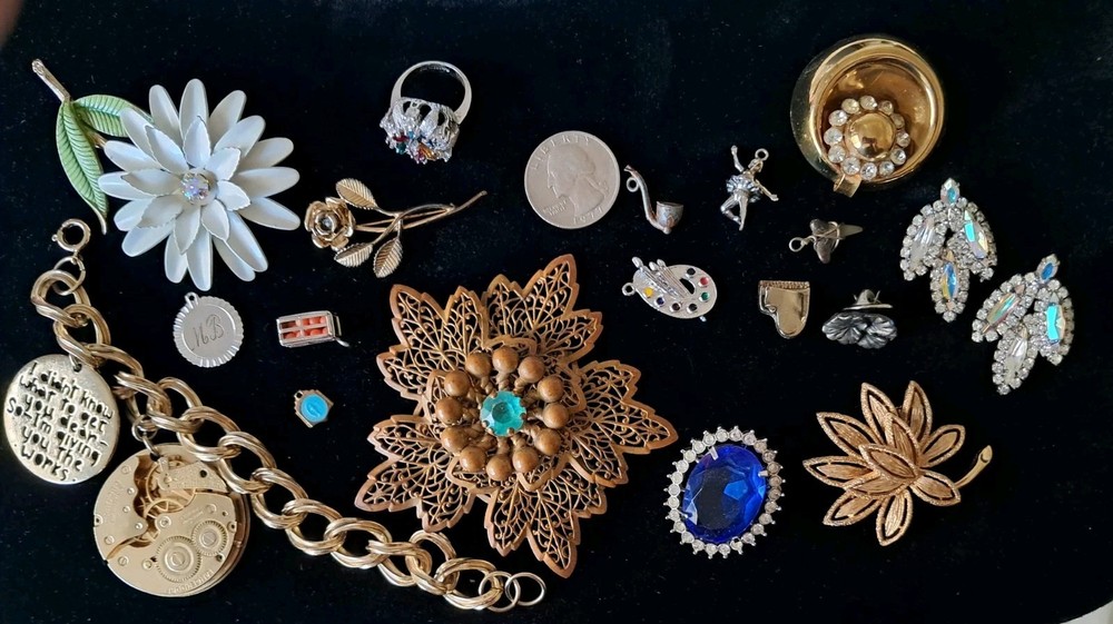 Antique Vintage Rhinestone Jewelry Mixed Lot Charms Brooches Sterling Ring AVON