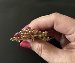 Gorgeous Vintage Red AB Rhinestone Brooch In Gold Tone With Molded Beads 3.5”