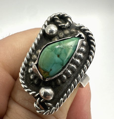 Vintage Navajo Old Pawn Style Sterling Silver Turquoise Ring Lasso Unique Sz. ~8