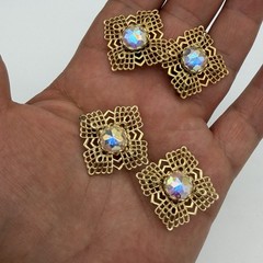 Vintage AB Rhinestone Brooch Pendant Clip On Earring Set Gold Tone Filigree Read