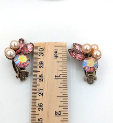 Vintage Floral Brooch Earrings SET Pink Navette Rhinestone Faux Pearl