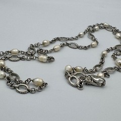Vintage Baroque Pearl Opera Length Necklace Silver Tone Station Chain 45 in 50g