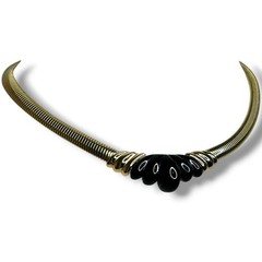 Vtg Napier Black Lucite Gold Tone Ribbed Omega Chain Collar Choker Necklace 80s