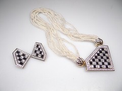 Glamorous 80s Checkerboard Rhinestones Statement Necklace Earrings Set