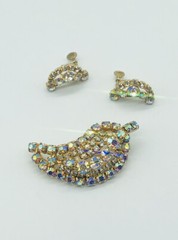 Vtg Signed CONTINENTAL Pink Clear AB Glass Rhinestones Earrings Brooch Pin Set