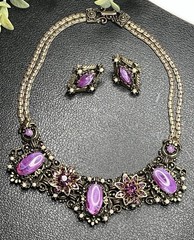 Vintage SELRO SELINI Gold Tone Purple Necklace & Earrings Book Piece Set