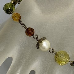 Glass Bead Bracelet Antique Gold Tone Green Yellow Brown Faux Pearl Acrylic 7.25