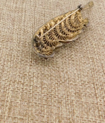 Crystal C-clasp Feather Leaf Pin Brooch VTG Cast Metal Multi Color Antique
