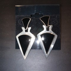 VTG 925 Sterling Modern Art Deco Design Onyx Inlay Drop Post Earrings Triangular