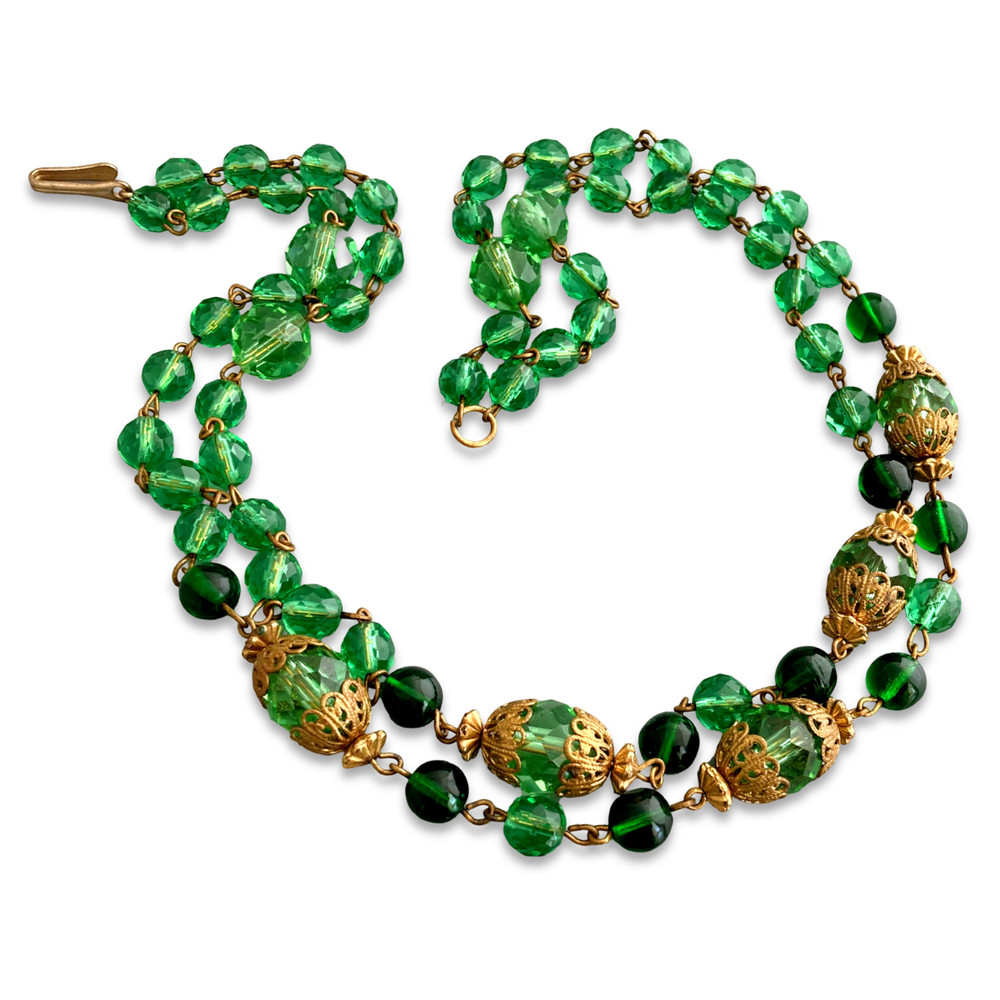 Vintage 1950s Green Jewel-tone Glass Crystal Bead Filigree Multi-strand Necklace