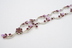 Vintage Necklace Silver Tone Purple Rhinestone Flower Ivy 15″