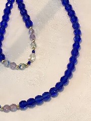 Gorgeous Long Blue Green Clear Crystal Necklace Gold Bead Accents 34” #195