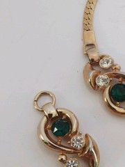 Vtg Green And Clear Rhinestone Necklace Bracelet Set Gold Tone Fold Over Clasp