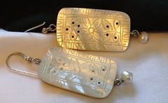 Vintage Mother of Pearl Rectangle Carved Flower Dangle Earrings w/ Pearl