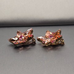 Vintage Pink Rhinestone Starburst Clip On Earrings Peach Mid Century Modern