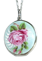 BEAUTIFUL Blue & PINK ROSE Antique STERLING ENAMEL GUILLOCHE Locket