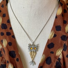 Vintage Owl Necklace Articulated Silver & Gold Tone Miniature Bird Boho Jewelry