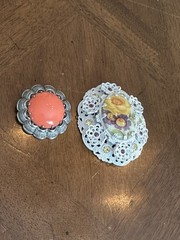Vintage Western Germany Floral Enamel Brooch & Coral Tone Cabochon Brooch Lot!