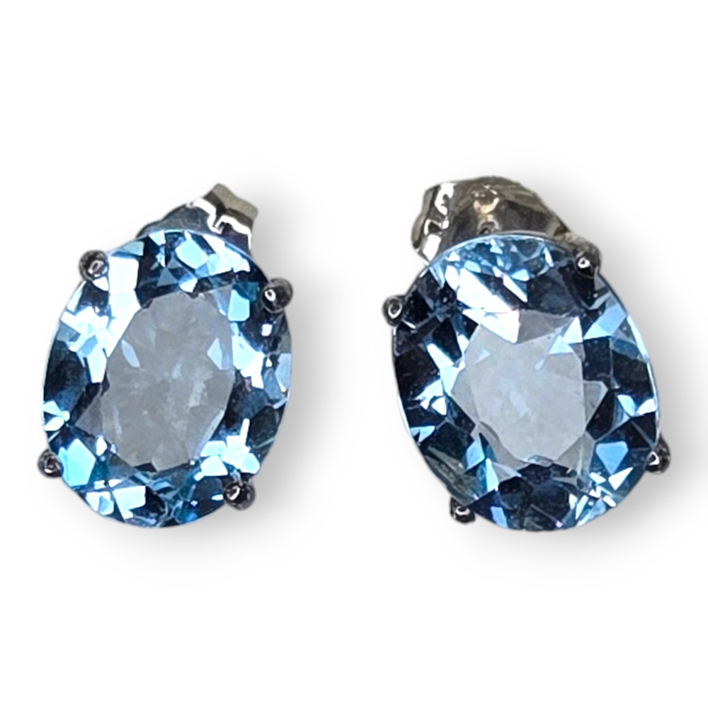 Vintage Sterling Silver 925 Blue Topaz Faceted Oval Post Earrings