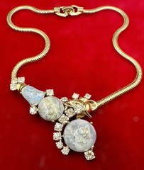 Joseph MAZER BROS Art Glass Blue Gold Cabochon Rhinestone Collar Necklace Jomaz