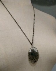 Vtg 1970s Oval Pendant Cabochon Necklace Grey Green Clear Agate? Large Groovy