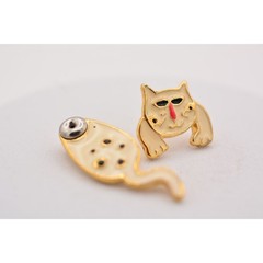 Vintage Cat Earrings Back Front Cool Off White Black Spotted Enamel 1990s BinH
