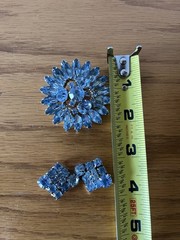 TEAL & Sky BLUE Rhinestones Pin / BROOCH & Earrings